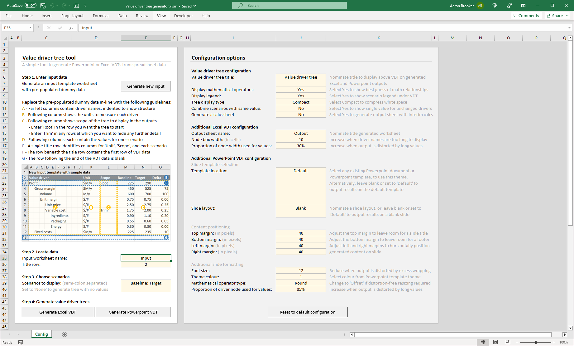 Screenshot of the value driver tree generation spreadsheet